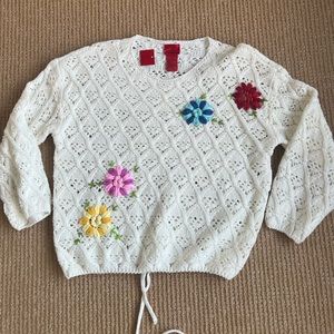 Cristina Floral Crochet Sweater Top Knit Large Off White Acrylic Tie Back NWT
